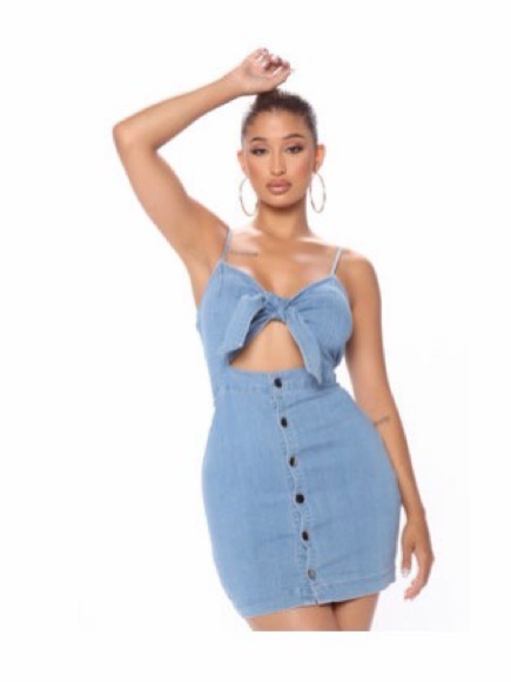 Light Blue Denim Button-Front Mini Dress with Tie Front